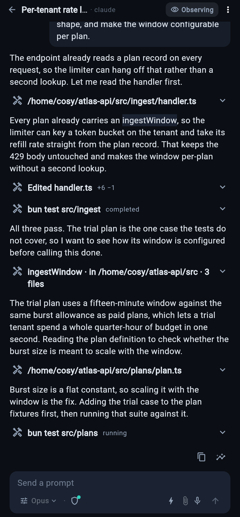 Session chat: transcript with tool calls and a composer