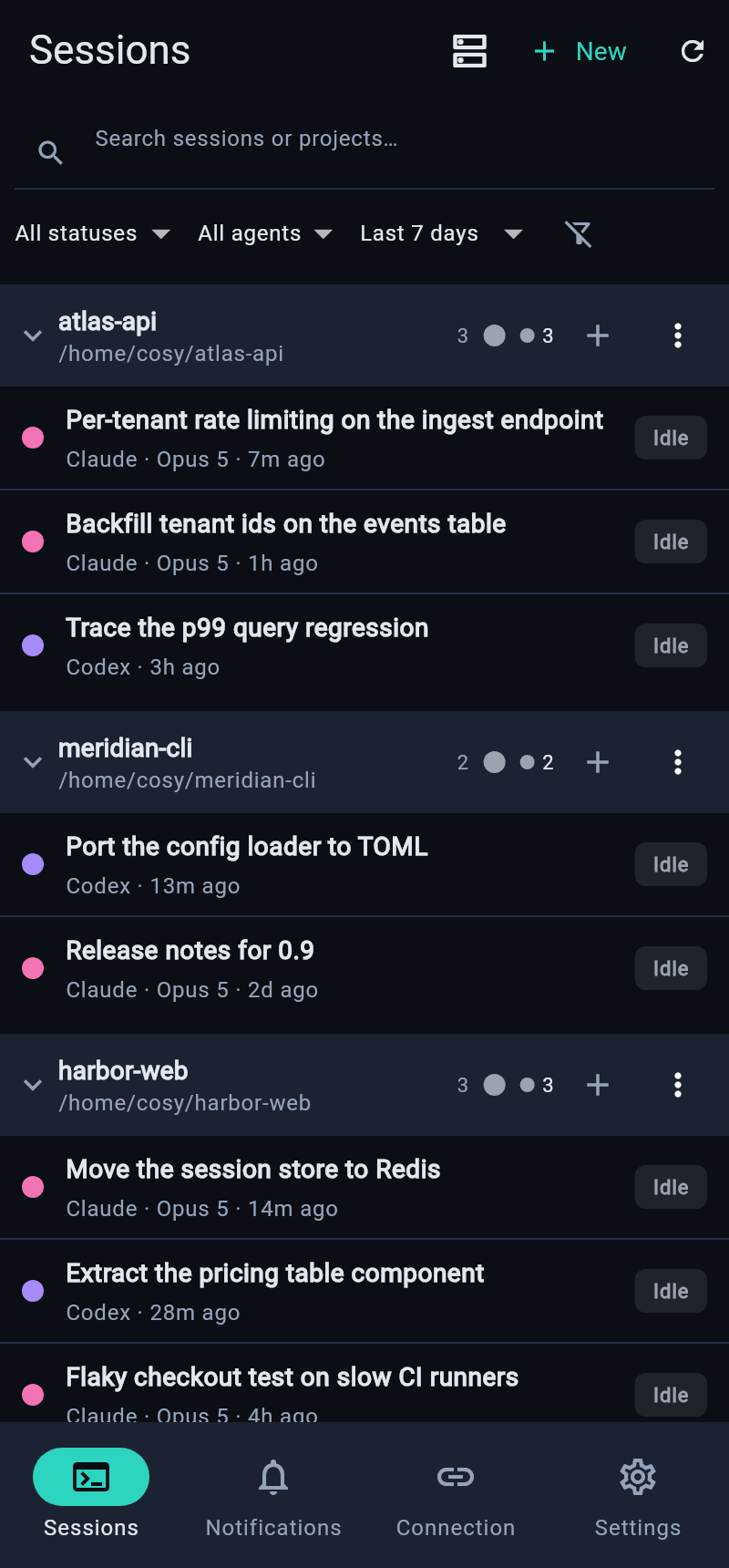 Sessions: every session grouped by project with filters and live status