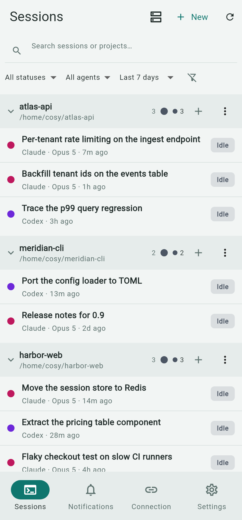 cosyncing portrait client with sessions grouped by project and live status