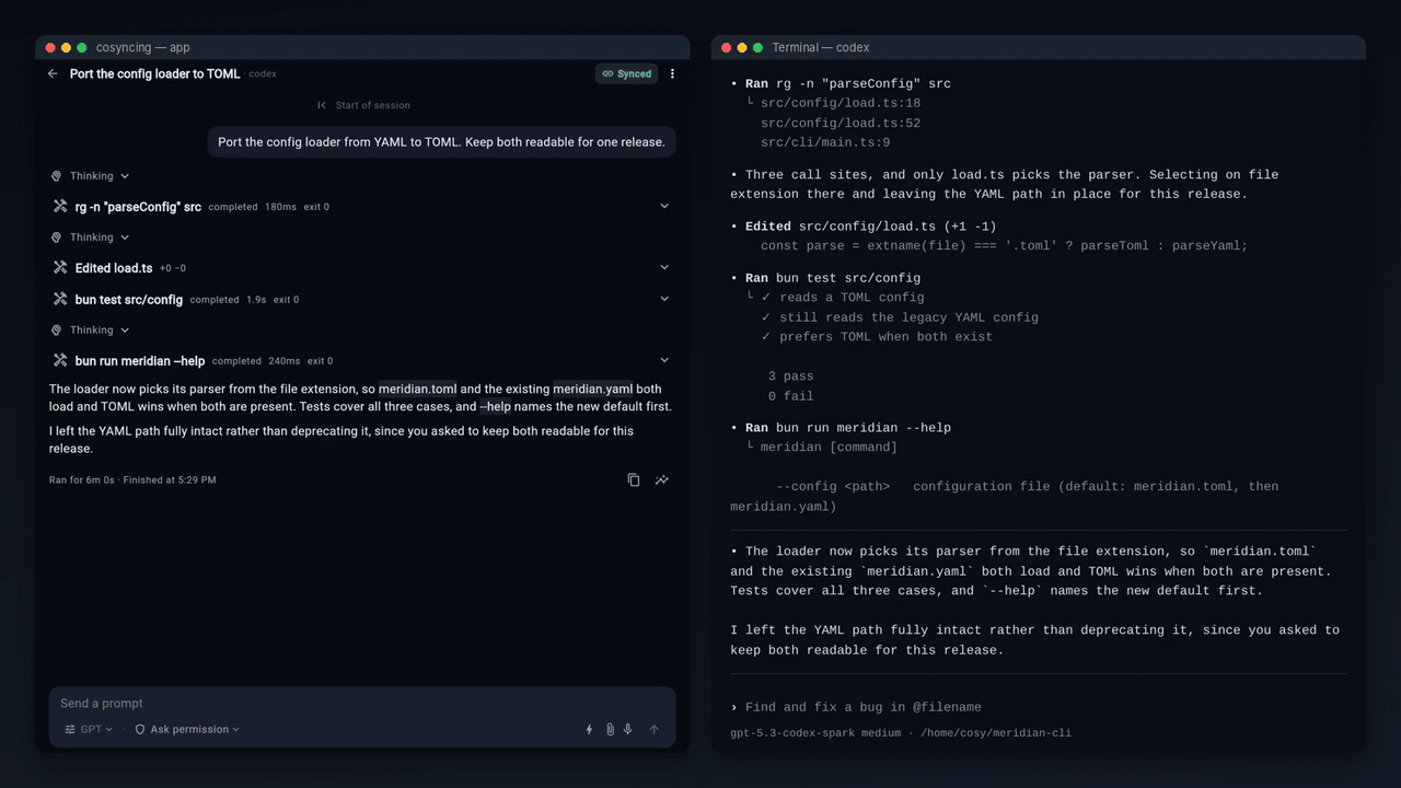 cosyncing app and a codex terminal as two windows on one desktop, staying in sync as a prompt is sent from the app