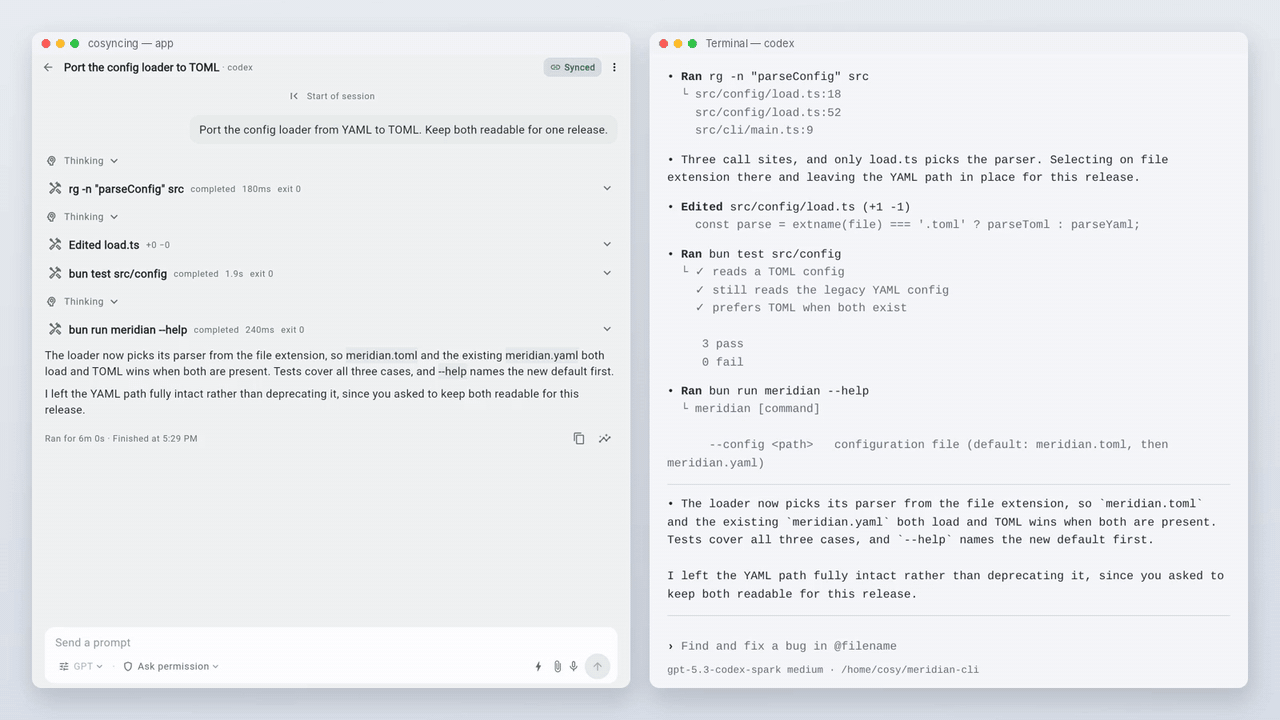 cosyncing app and agent CLI staying in sync through takeover and a permission request